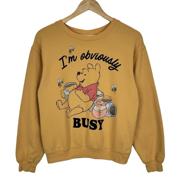 Winnie the Pooh Women's Sweatshirt Yellow XS I'm Obviously Busy Disney Crew - Picture 1 of 5